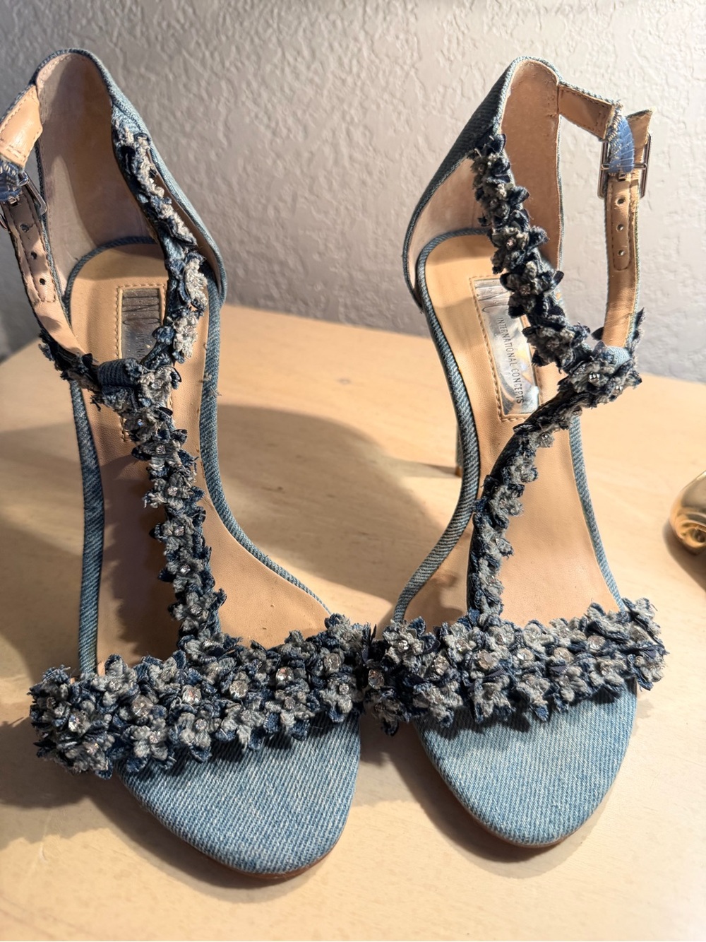 INC International Concepts Denim Floral Embellished Heels